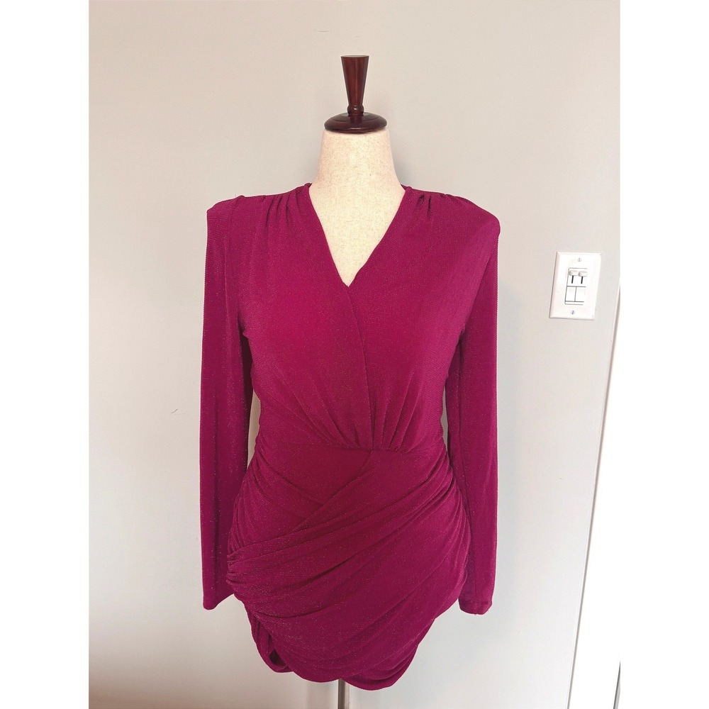 CAMEO | Ruched Metallic Mini Dress Women L Magenta Sparkly 80s Glam Night Out